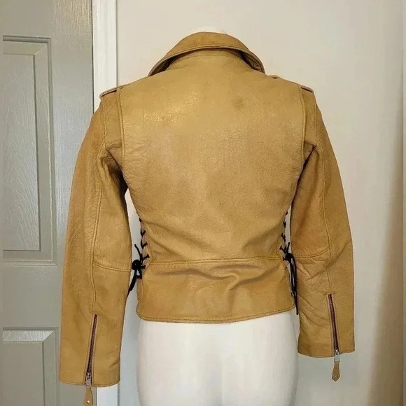 ALLSAINTS (RARE) Sarana Lace Up Moto Zip BuckleBrown Biker Leather Jacket(4) - Picture 4 of 14